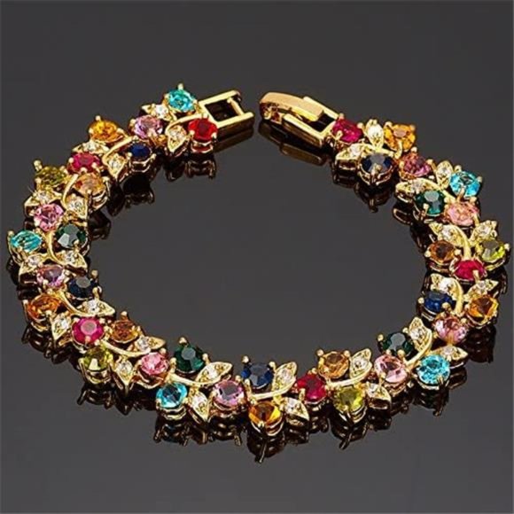 Multi-Color CZ Tennis Bracelet, Yellow Gold Plated, 7" - Picture 6 of 6